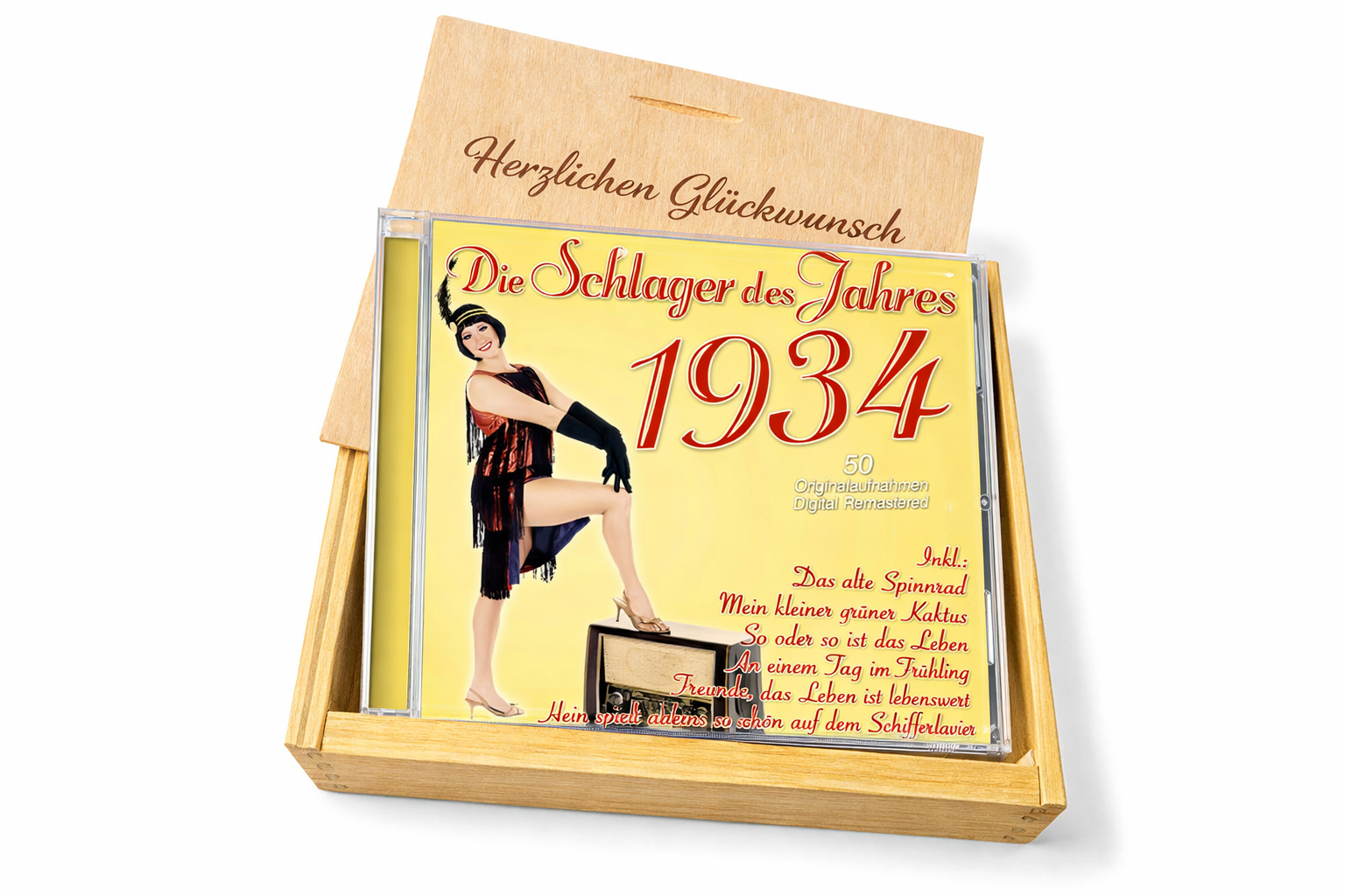 CD 1934 Schlager in Holzkiste mit Wunsch-Gravur