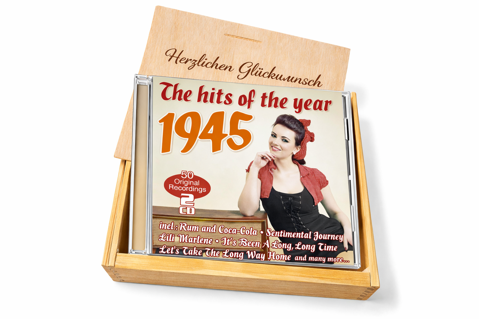 CD 1945 Musik Hits in Holzkiste mit Wunsch-Gravur