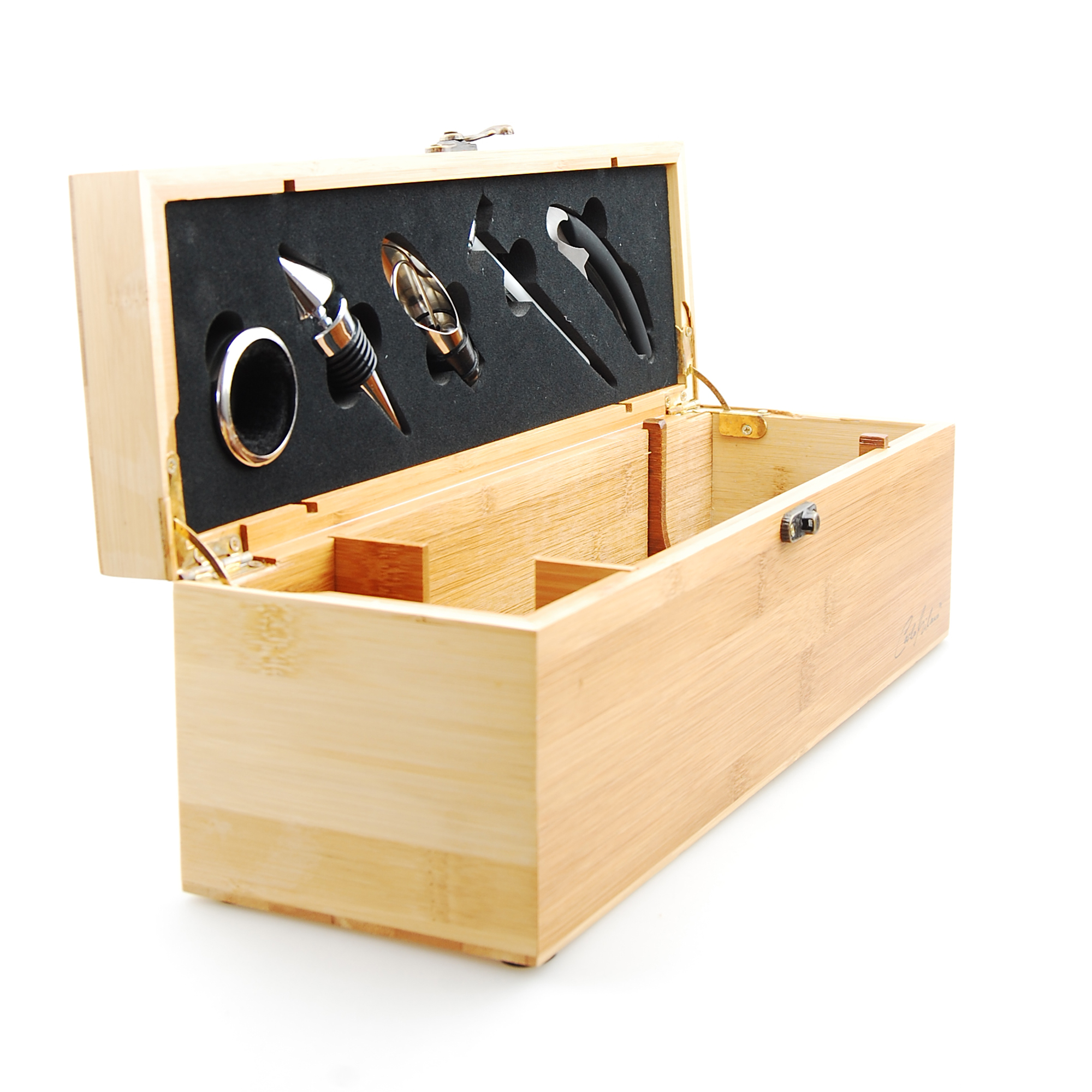 Holzbox für 1 Flasche Wein inklusive Sommelier Set