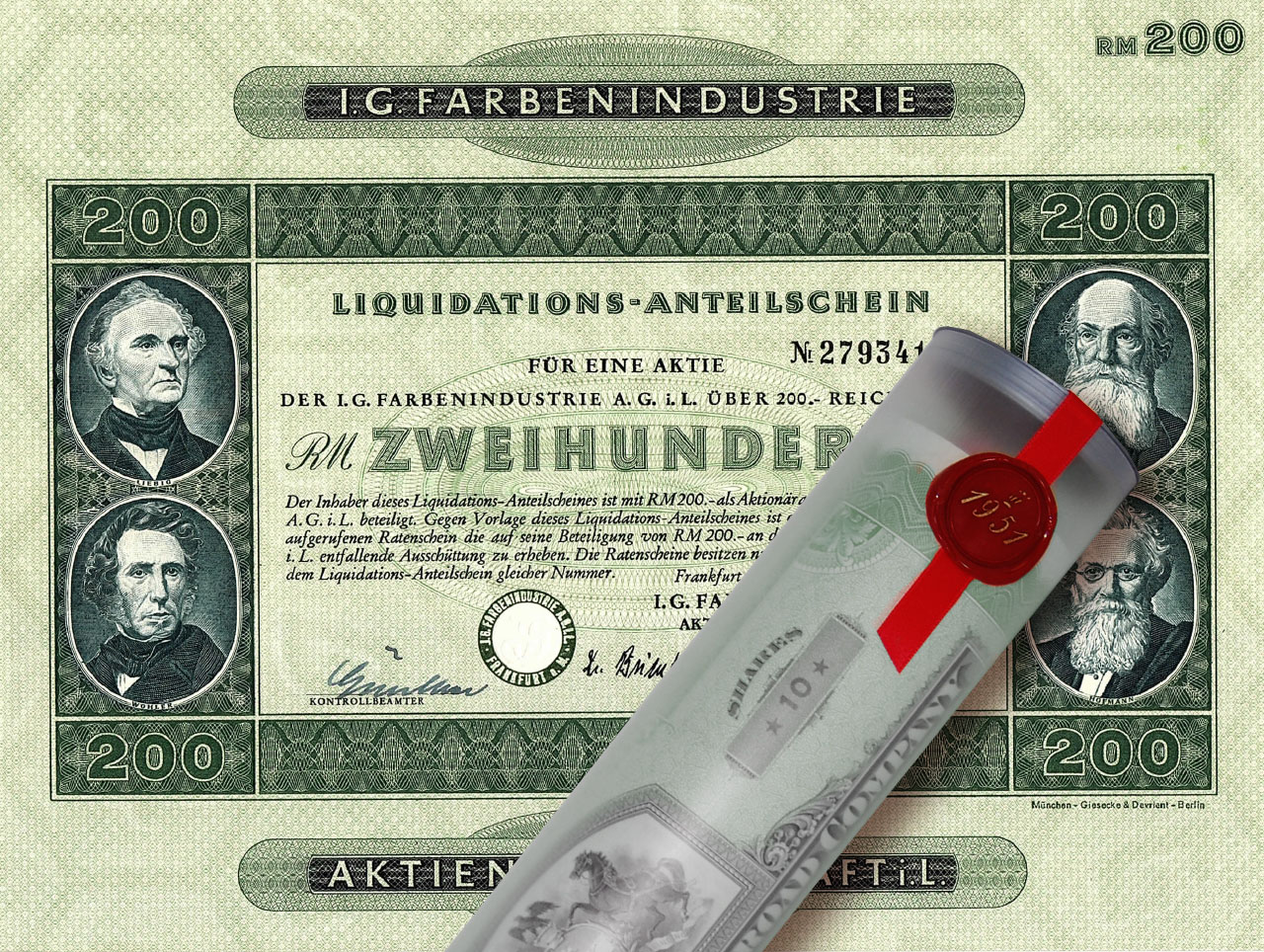 Aktie 1953 I.G. Farbenindustrie in Geschenkrolle