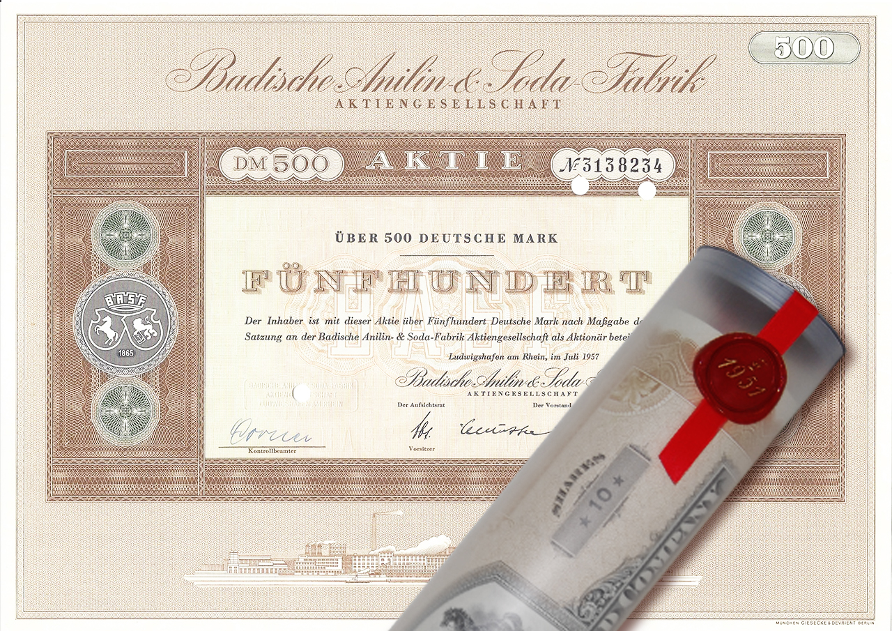 Aktie 1959 BADISCHE ANILIN SODA BASF in Geschenkrolle