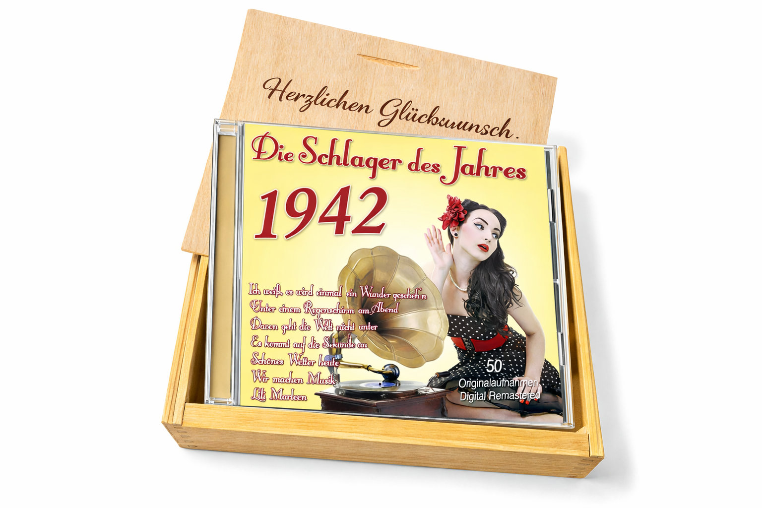 CD 1942 Schlager in Holzkiste mit Wunsch-Gravur