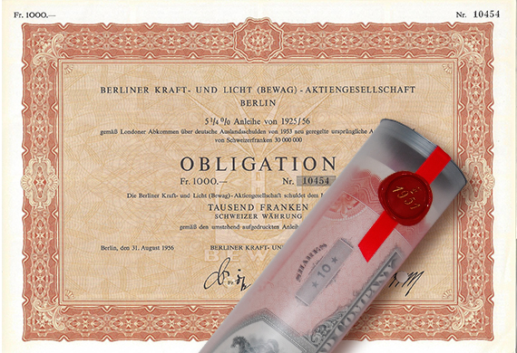 Aktie 1956 BEWAG Obligation in edler Geschenkrolle