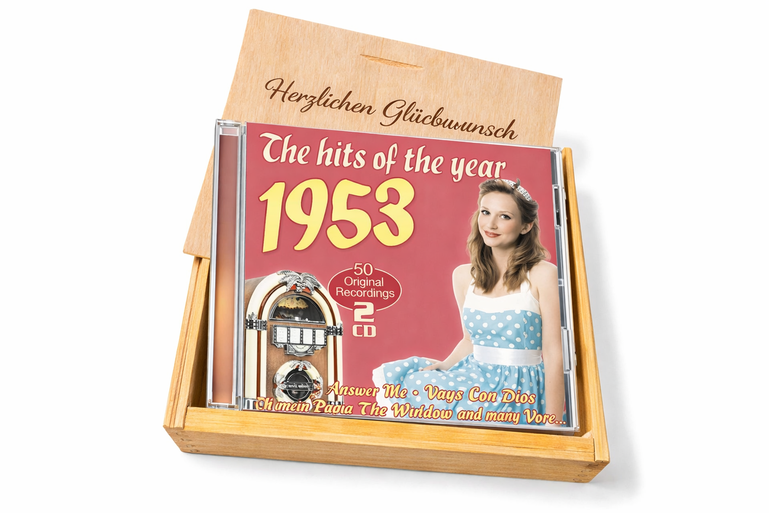 CD 1953 Musik Hits in Holzkiste Wunsch-Gravur