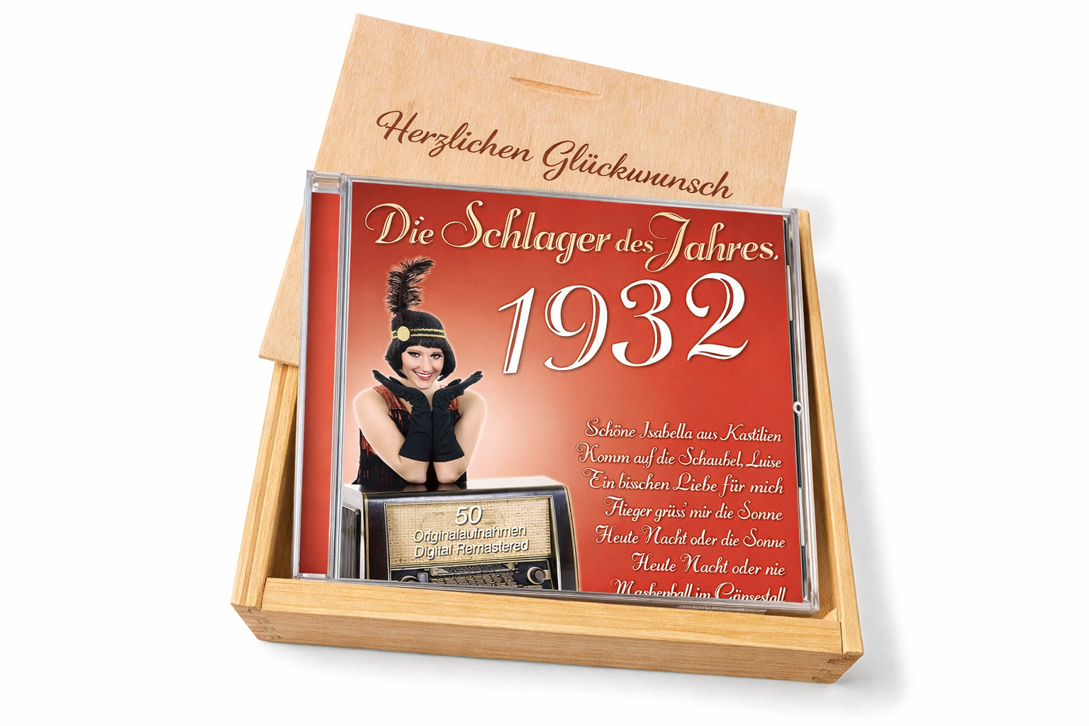 CD 1932 Schlager in Holzkiste mit Wunsch-Gravur
