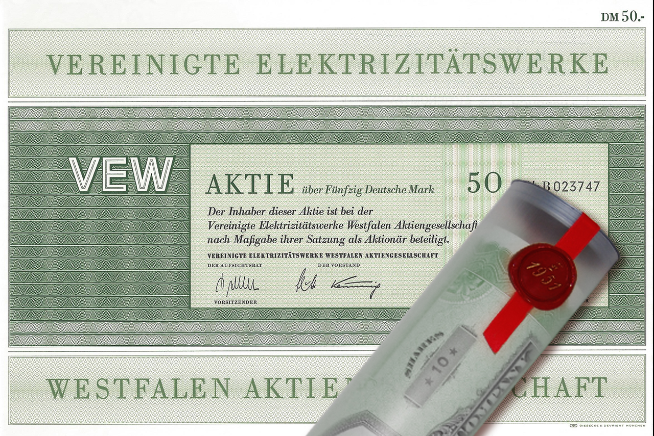 Aktie 1968 Vereinigte E-Werke in Geschenkrolle