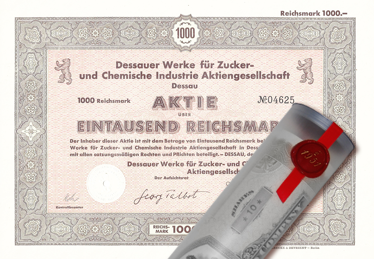 Aktie 1942 Dessauer Werke AG in edler Geschenkrolle