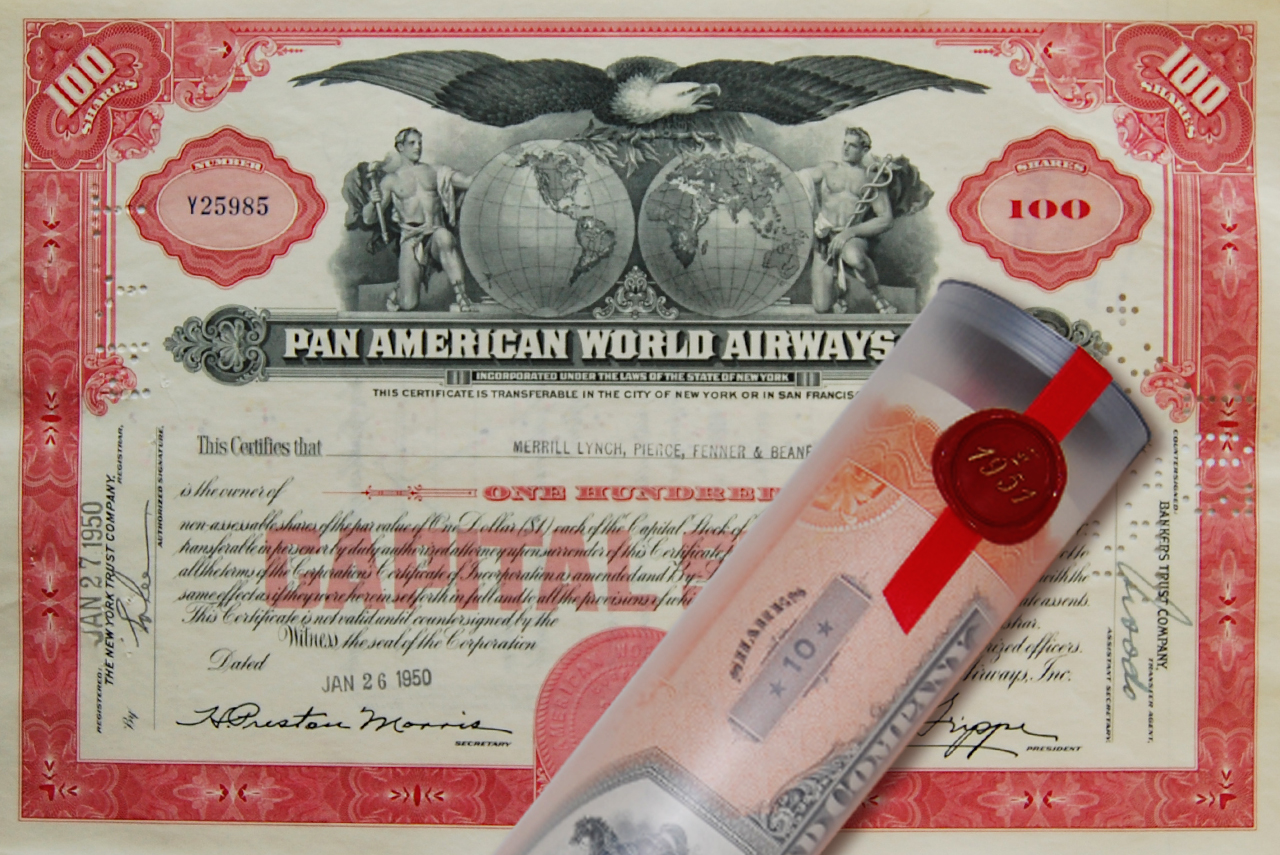 Aktie 1950 PAN AMERICAN AIRWAYS in Geschenkrolle