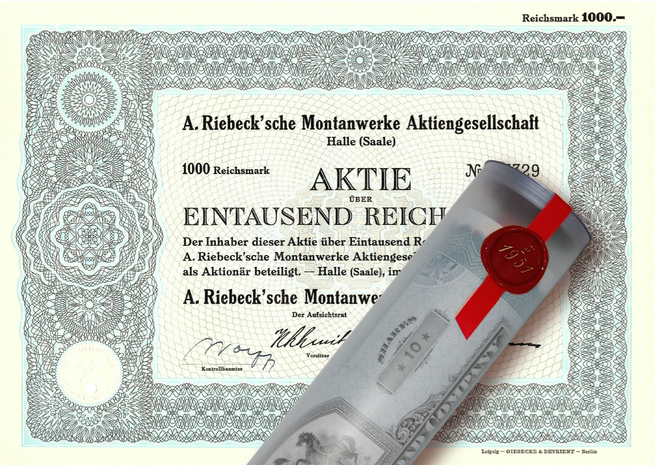 Aktie 1943 Montanwerke Riebecksche in Geschenkrolle