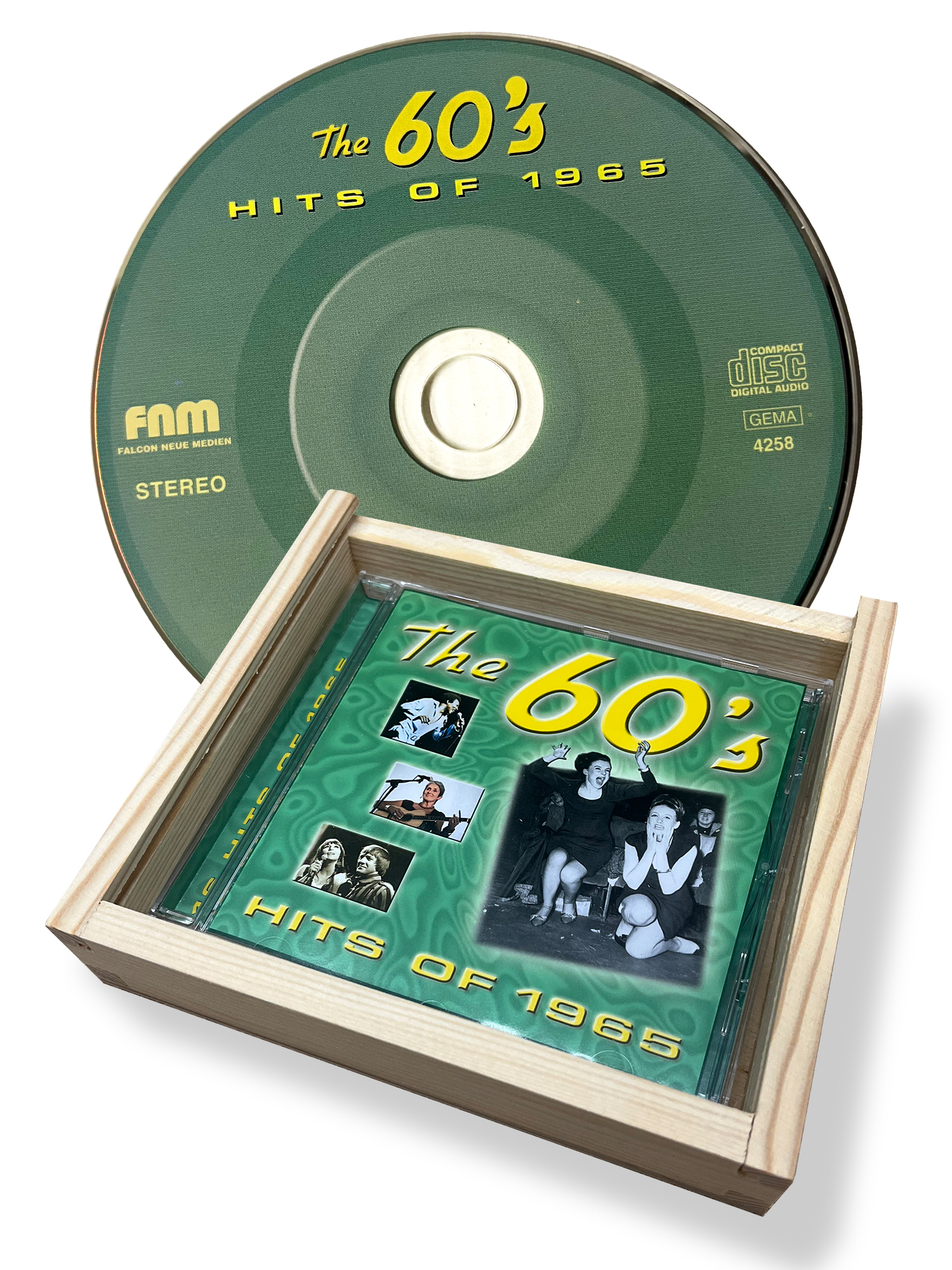 CD 1965 Musik Hits in Holzkiste mit Gravur