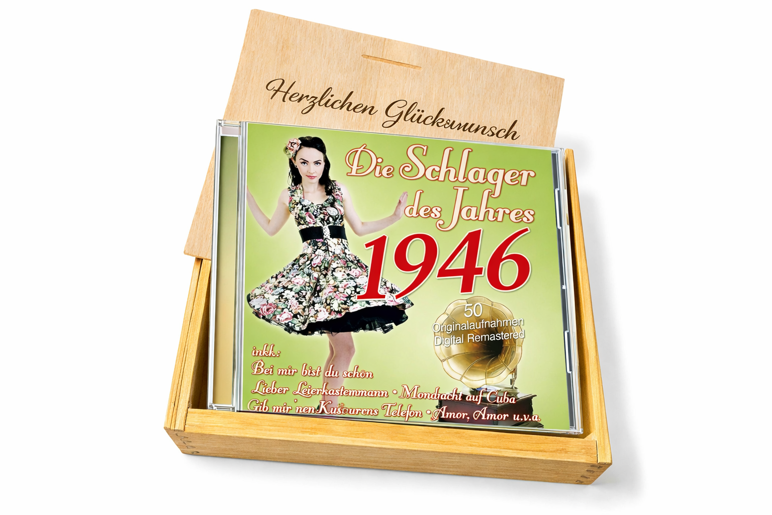 CD 1946 Schlager in Holzkiste mit Wunsch-Gravur