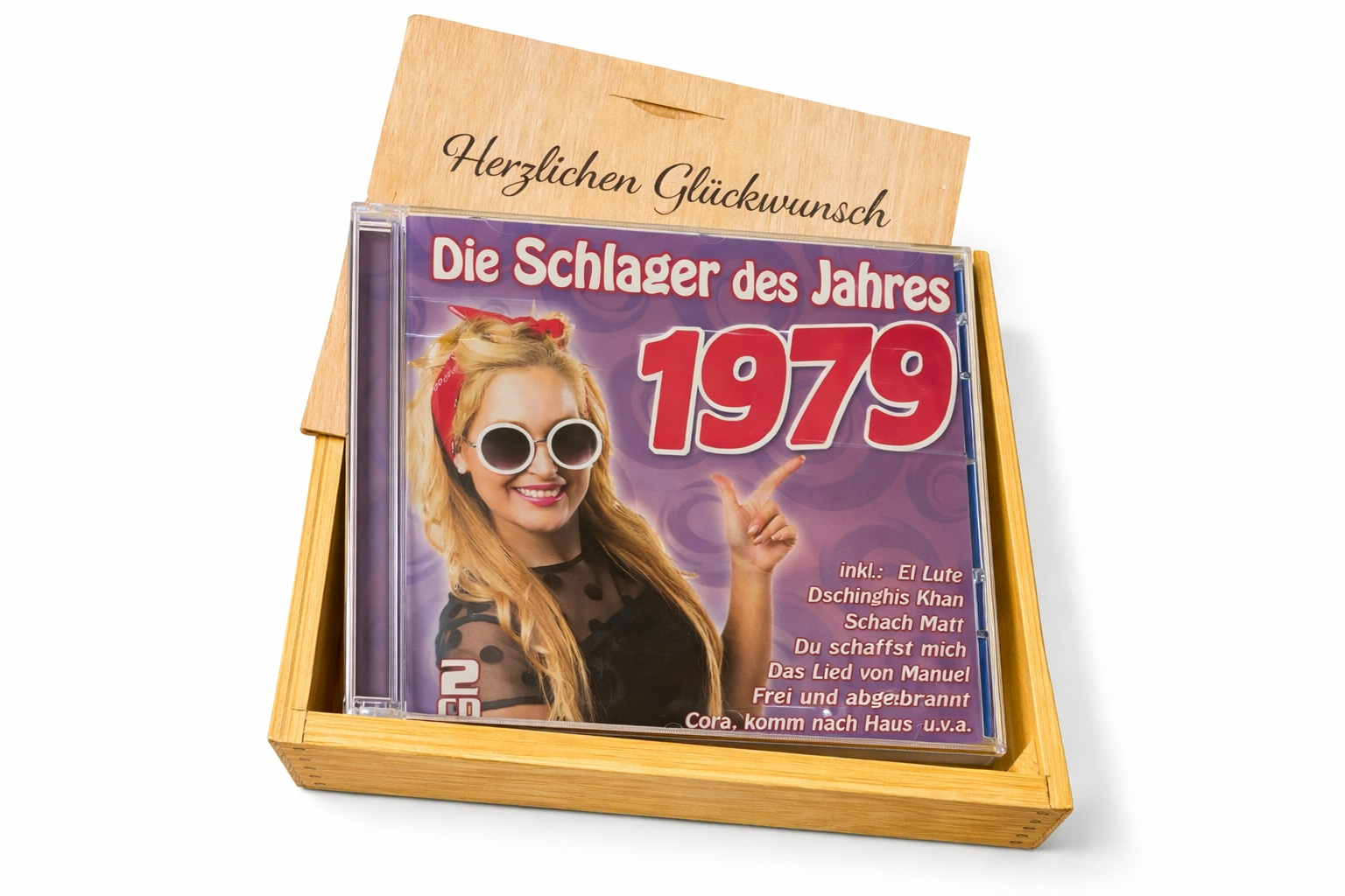CD 1979 Schlager in Holzkiste mit Wunsch-Gravur