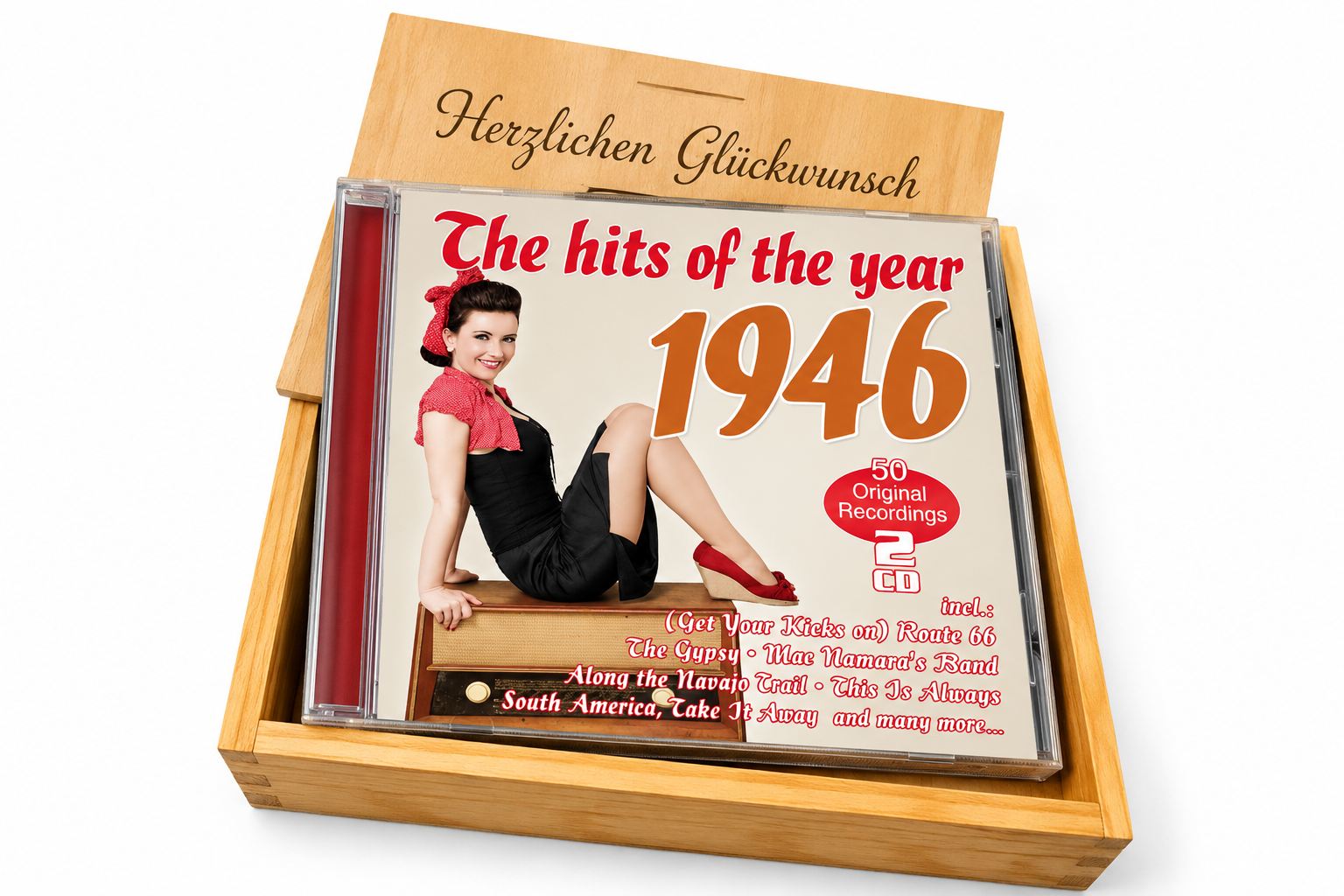 CD 1946 Musik Hits in Holzkiste mit Wunsch-Gravur
