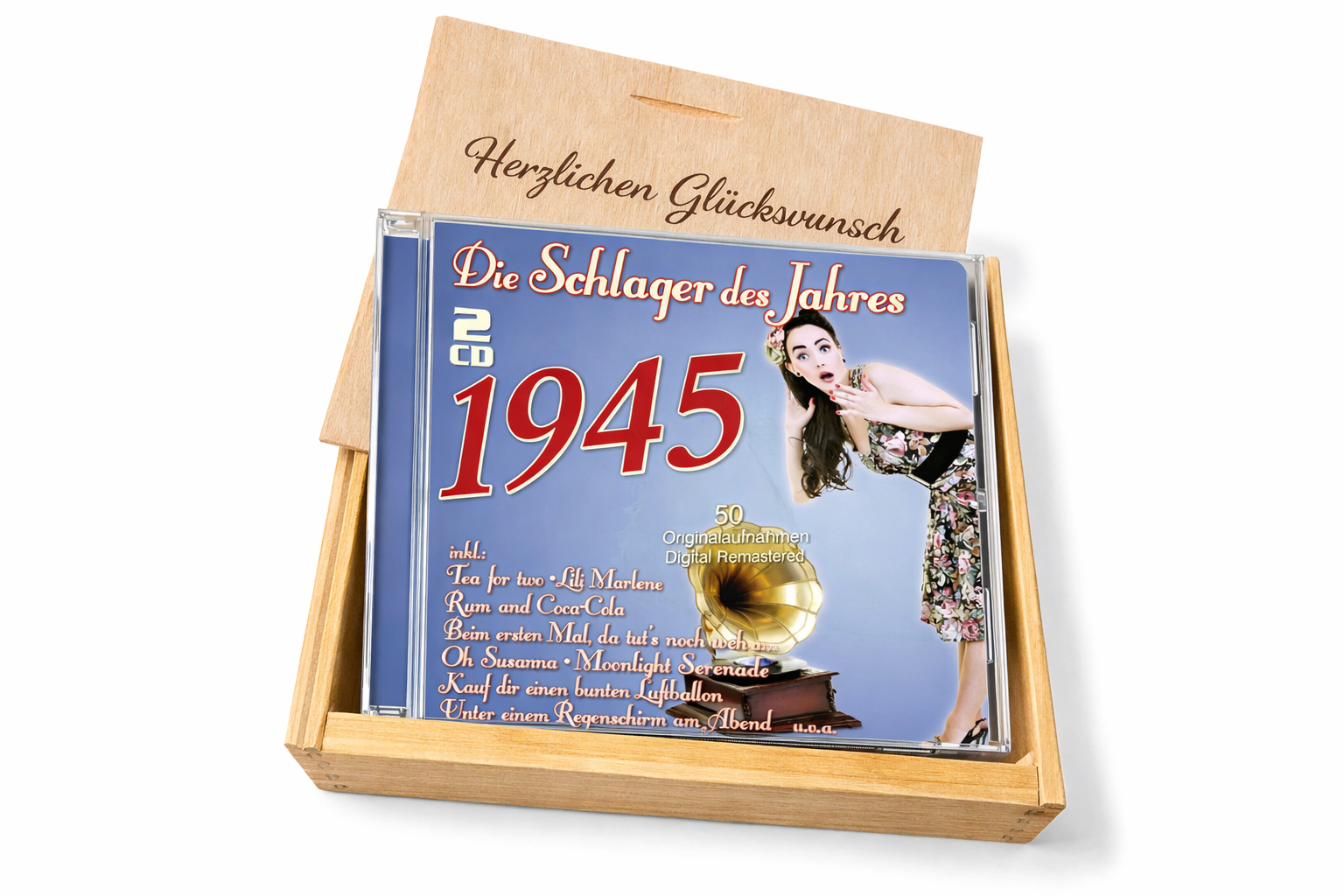 CD 1945 Schlager in Holzkiste mit Wunsch-Gravur