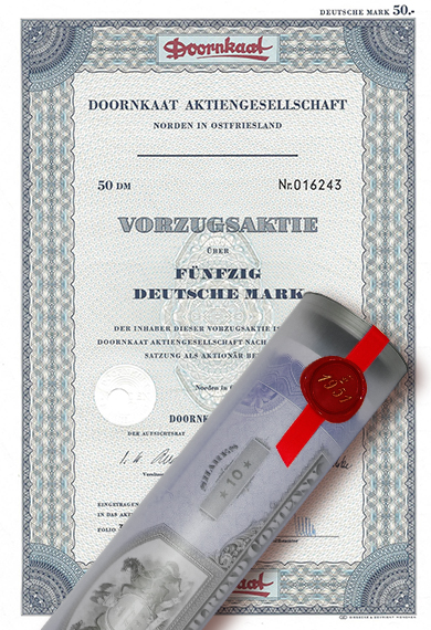 Aktie 1966 DOORNKAAT AG in edler Geschenkrolle