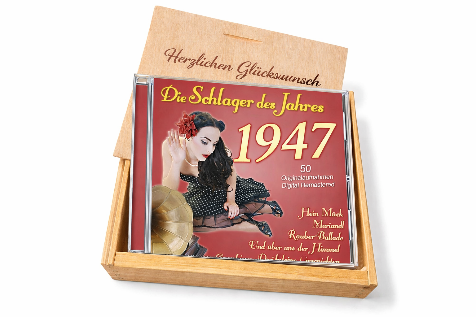 CD 1947 Schlager in Holzkiste mit Wunsch-Gravur