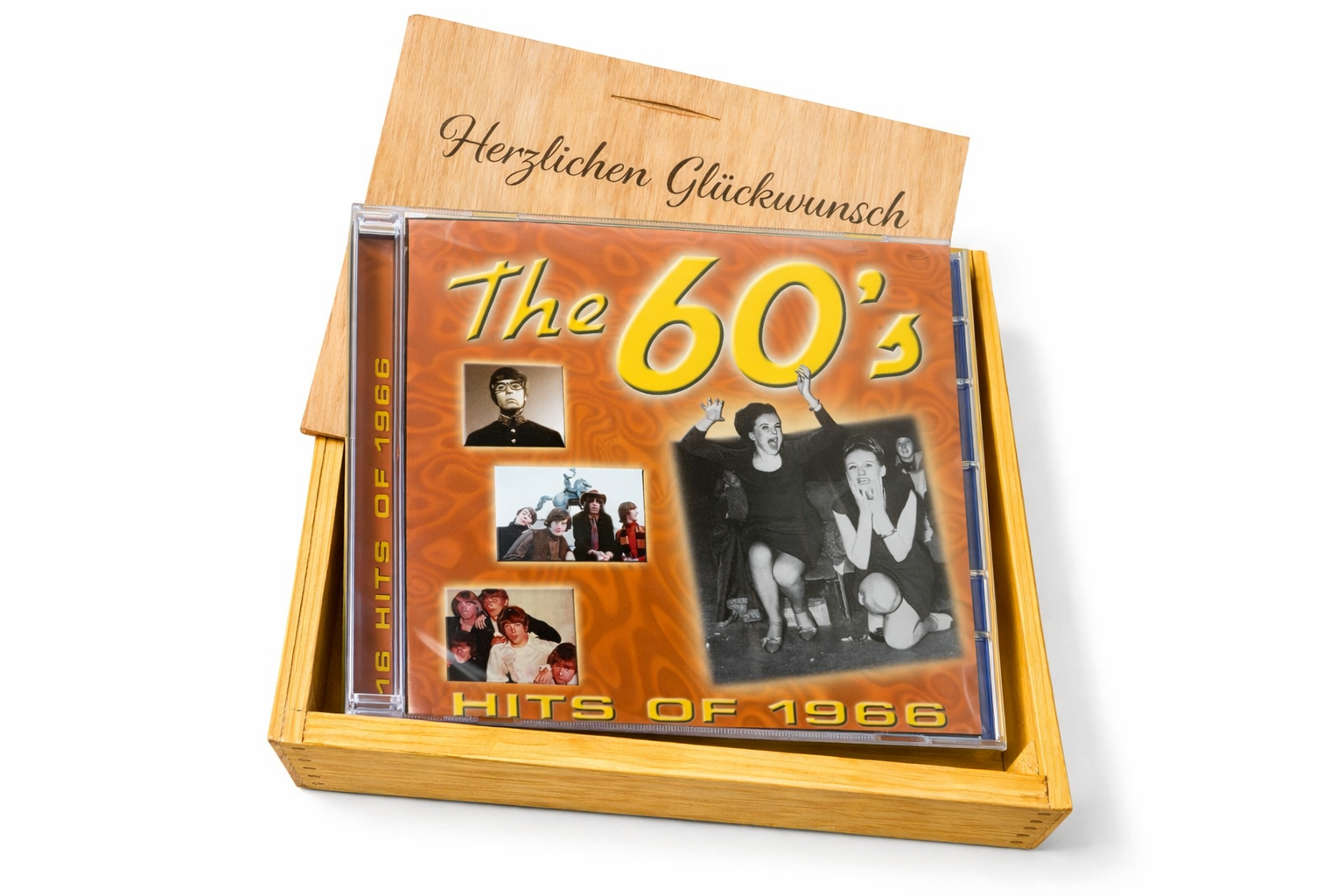 CD 1966 Musik Hits in Holzkiste mit Wunsch-Gravur