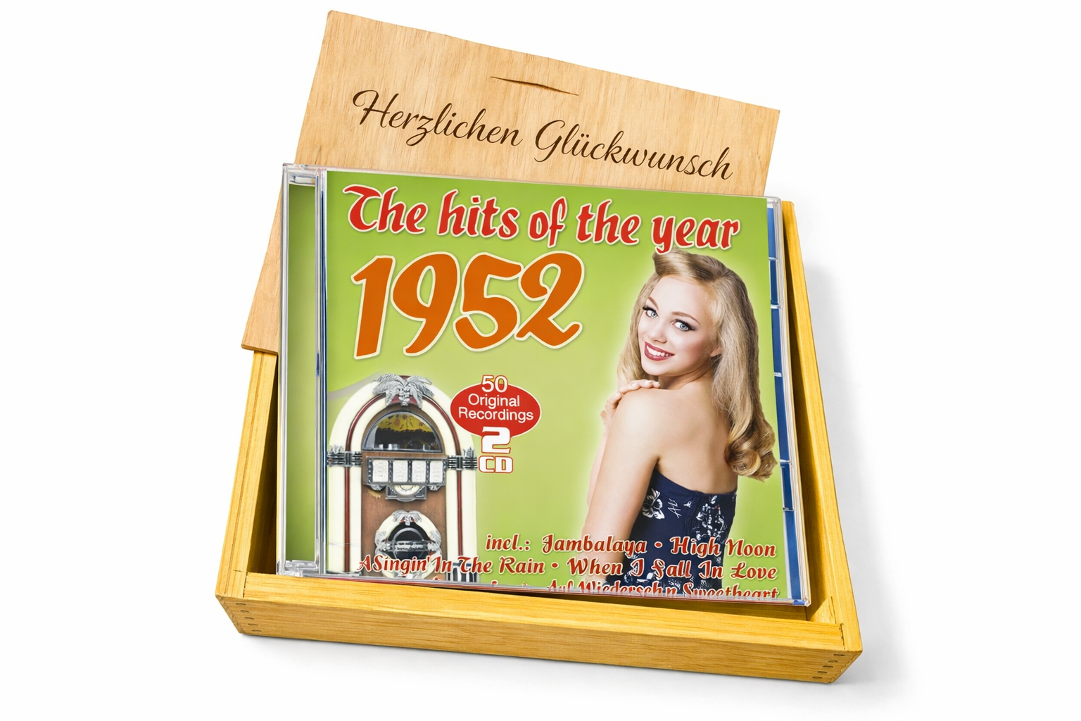 CD 1952 Musik Hits in Holzkiste mit Wunsch-Gravur
