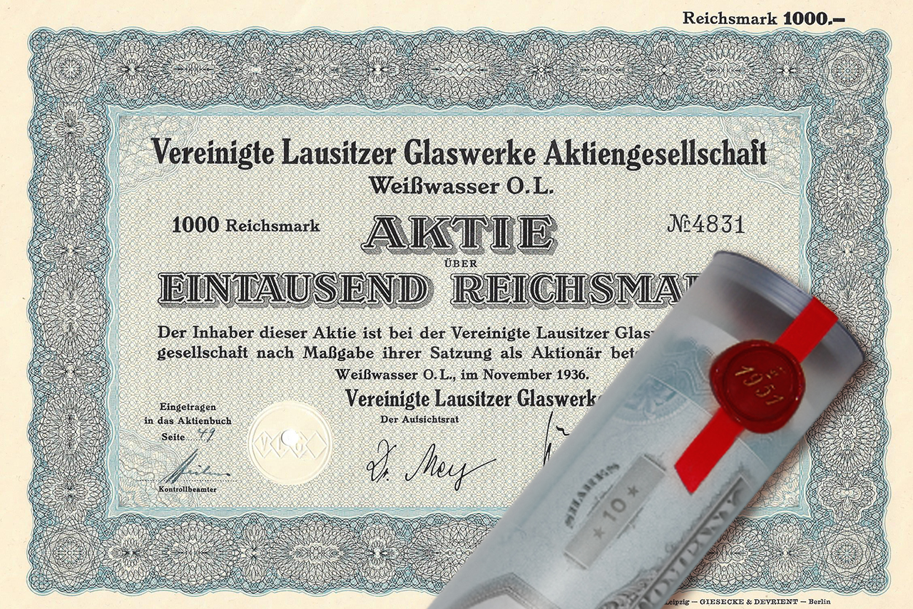 Aktie 1936 Glaswerke LAUSITZ in edler Geschenkrolle