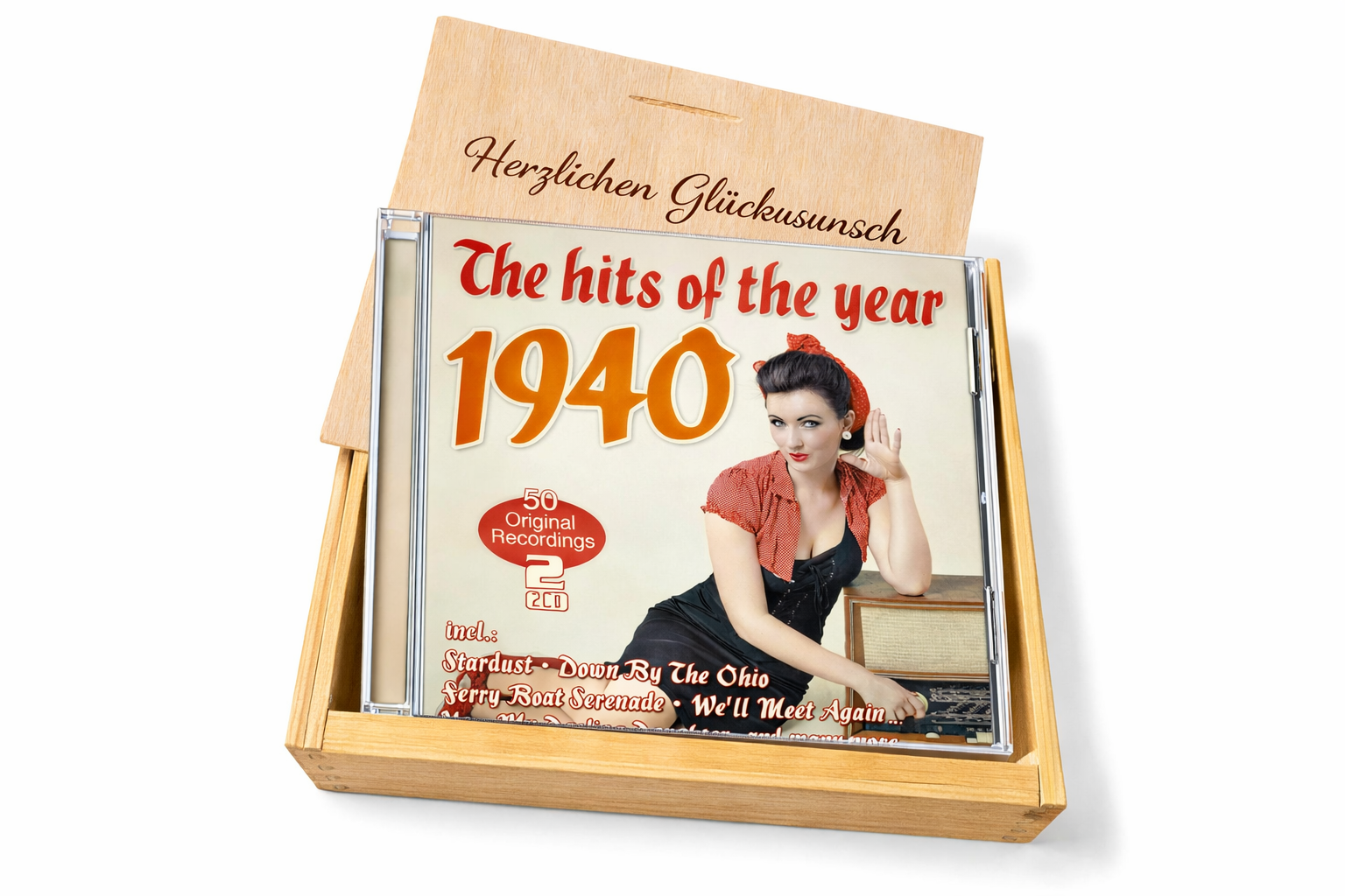 CD 1940 Musik Hits in Holzkiste mit Wunsch-Gravur