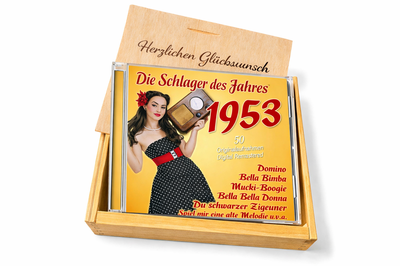 CD 1953 Schlager in Holzkiste mit Wunsch-Gravur
