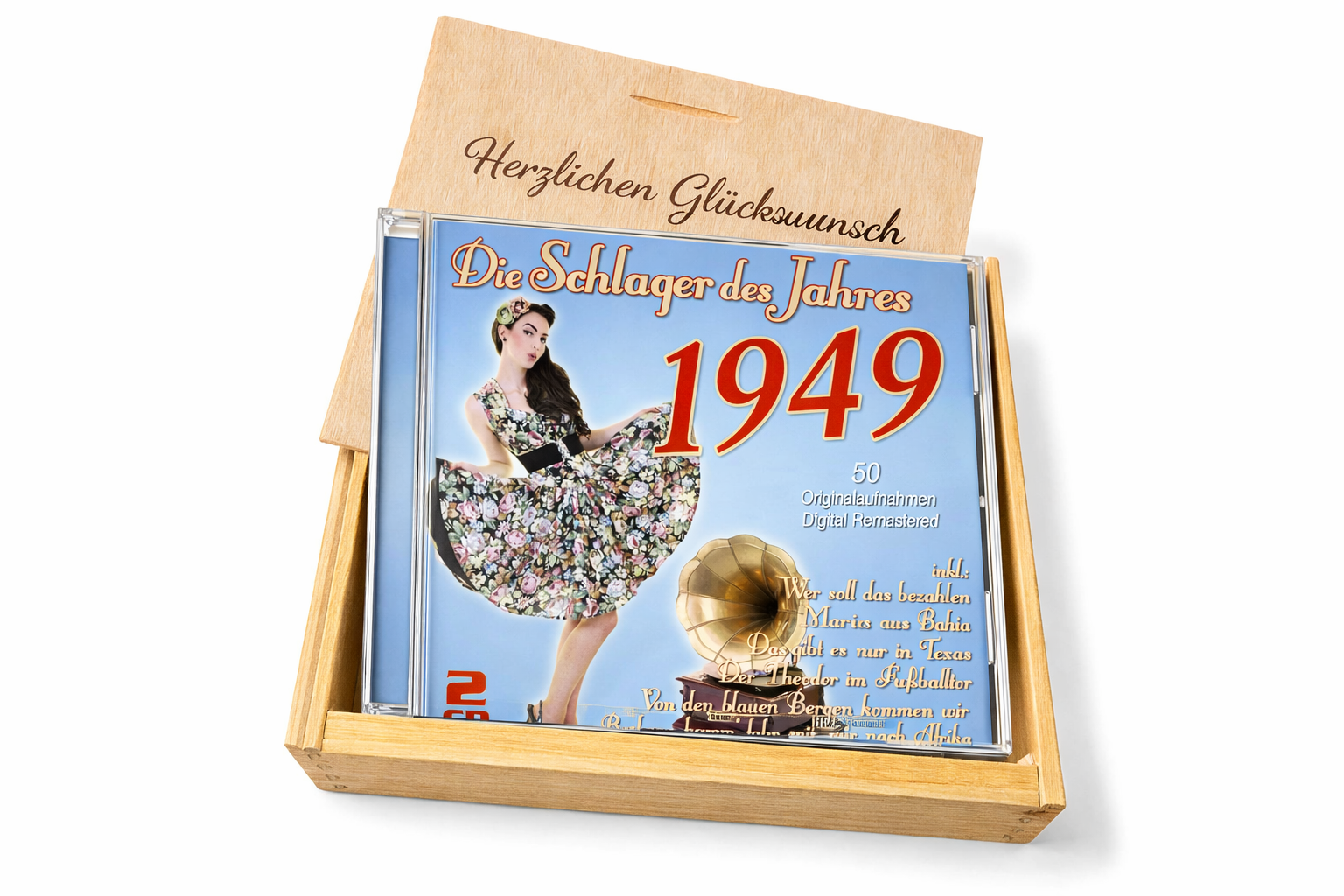 CD 1949 Schlager in Holzkiste mit Wunsch-Gravur