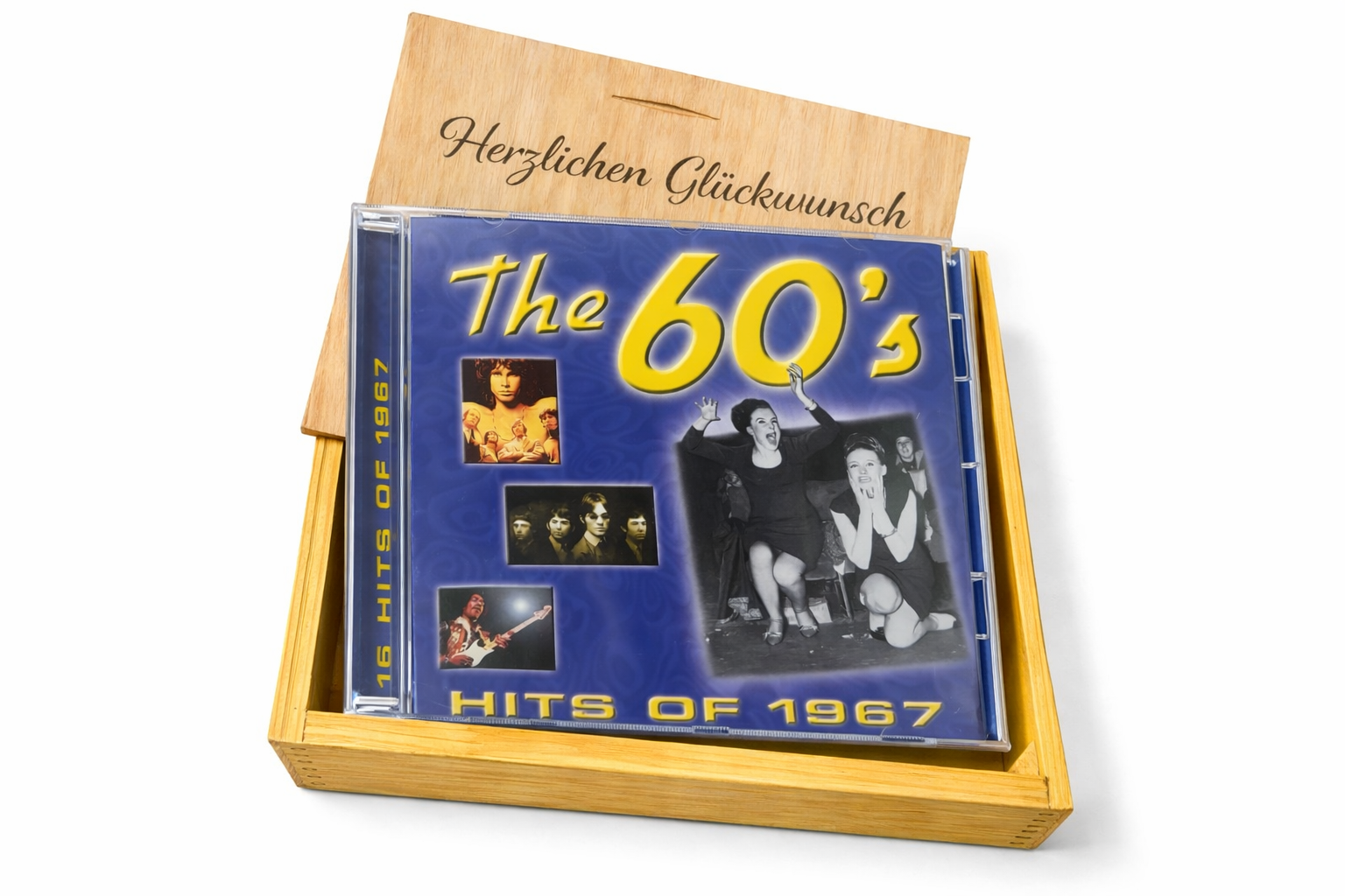 CD 1967 Musik Hits in Holzkiste mit Wunsch-Gravur