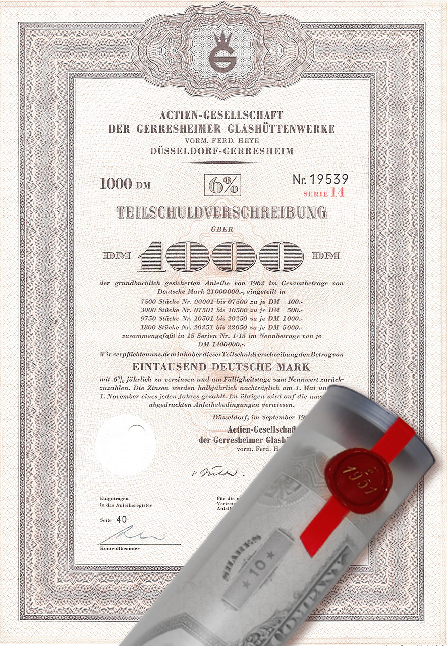 Aktie 1962 GERRESHEIMER Glashütte in Geschenkrolle