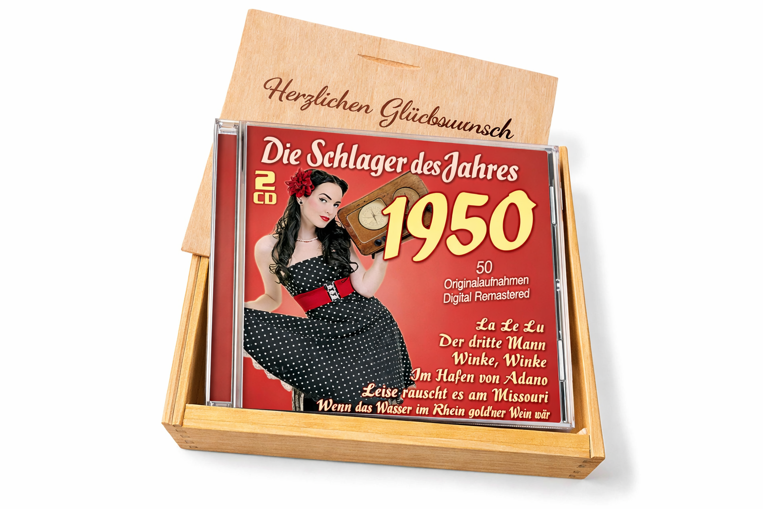 CD 1950 Schlager in Holzkiste mit Wunsch-Gravur