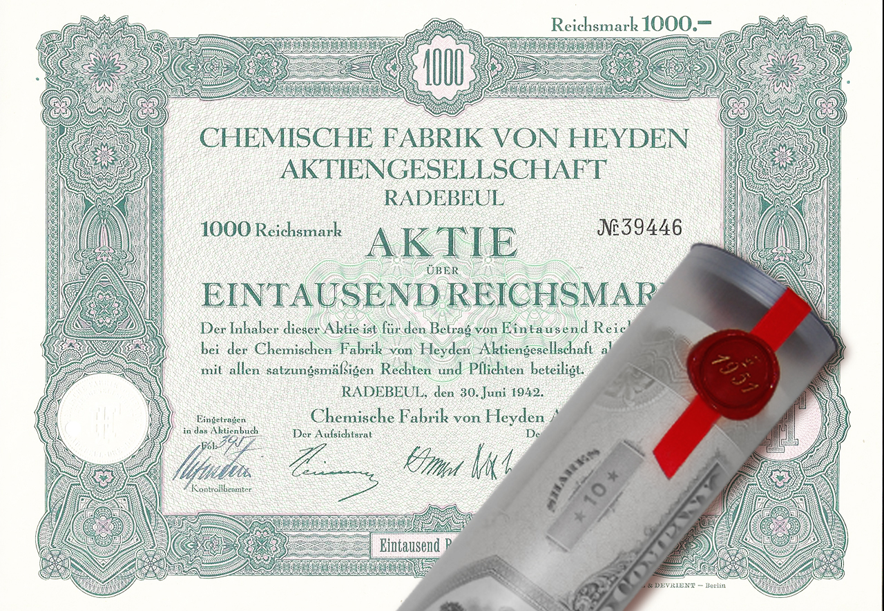 Aktie 1942 Chemie Fabrik von Heyden in Geschenkrolle