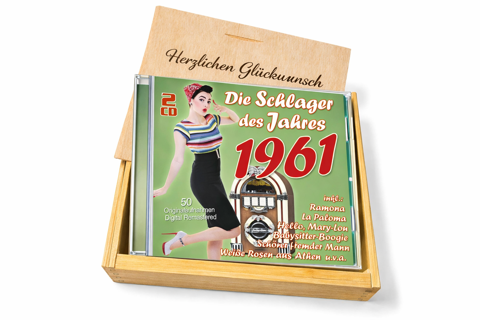 CD 1961 Schlager in Holzkiste mit Wunsch-Gravur