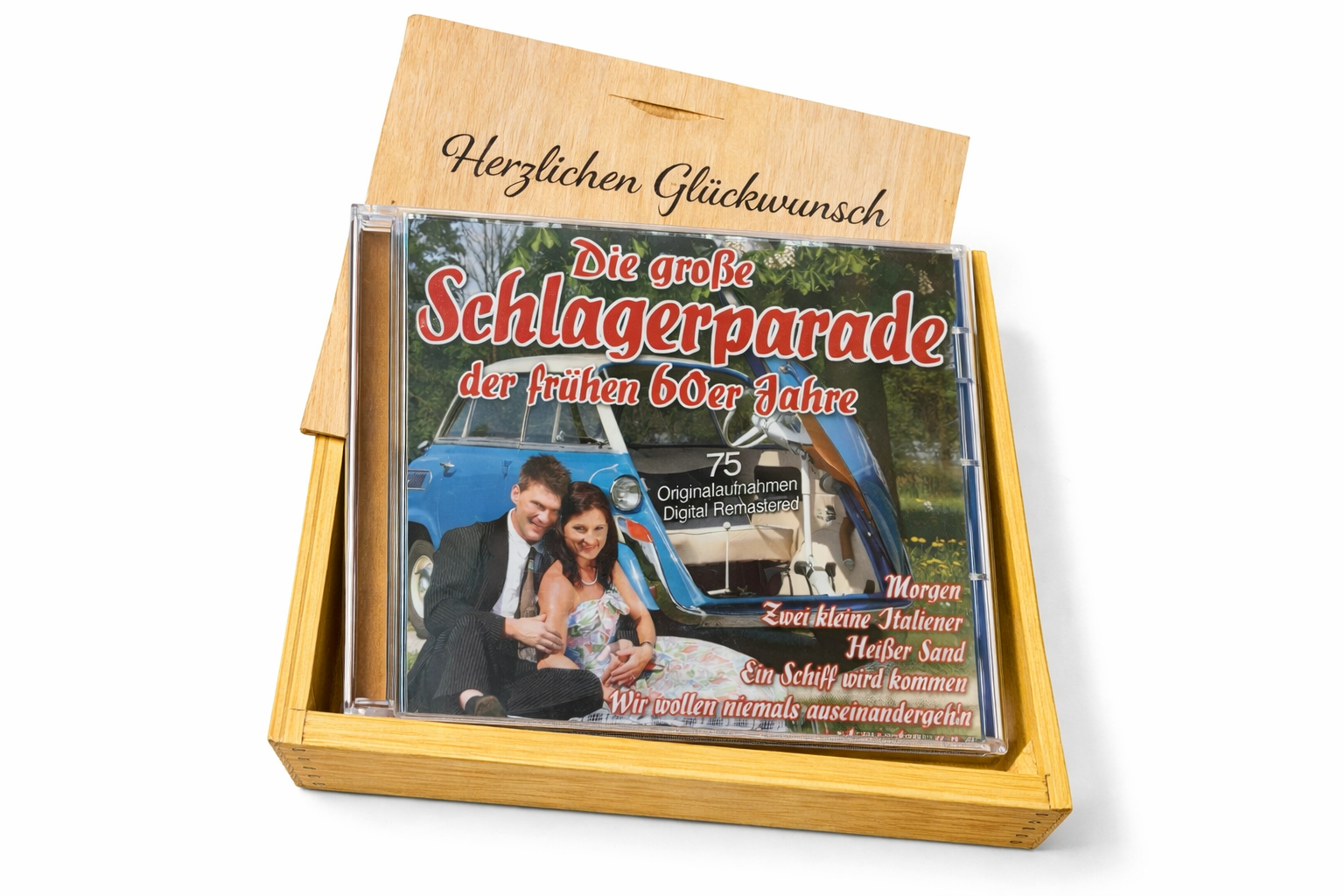 CD der 60er Jahre Schlager in Holzkiste mit Wunsch-Gravur
