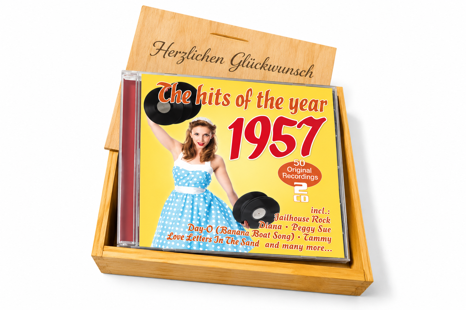 CD 1957 Musik Hits in Holzkiste mit Wunsch-Gravur