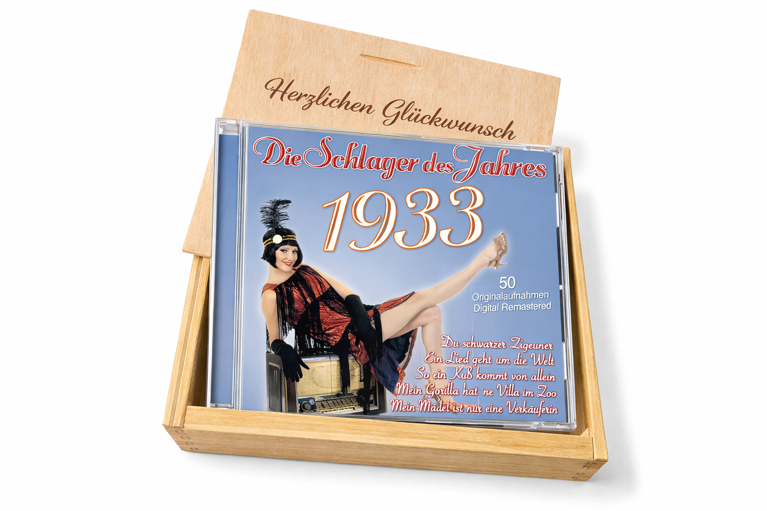 CD 1933 Schlager in Holzkiste mit Wunsch-Gravur