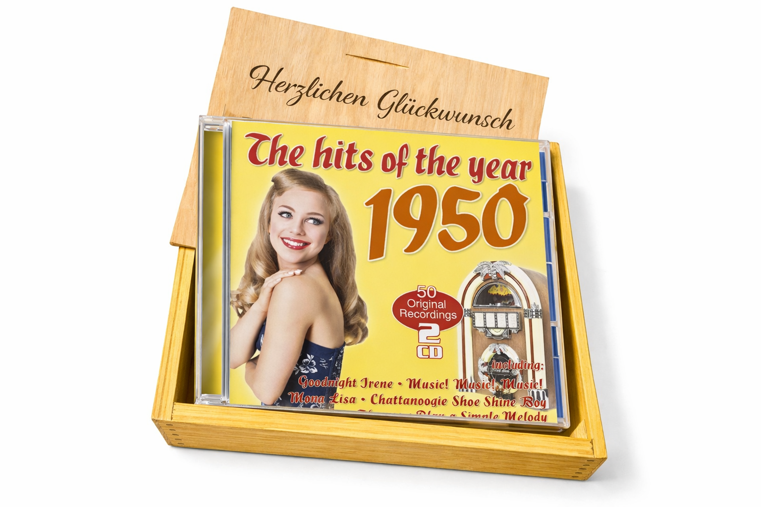 CD 1950 Musik Hits in Holzkiste mit Wunsch-Gravur