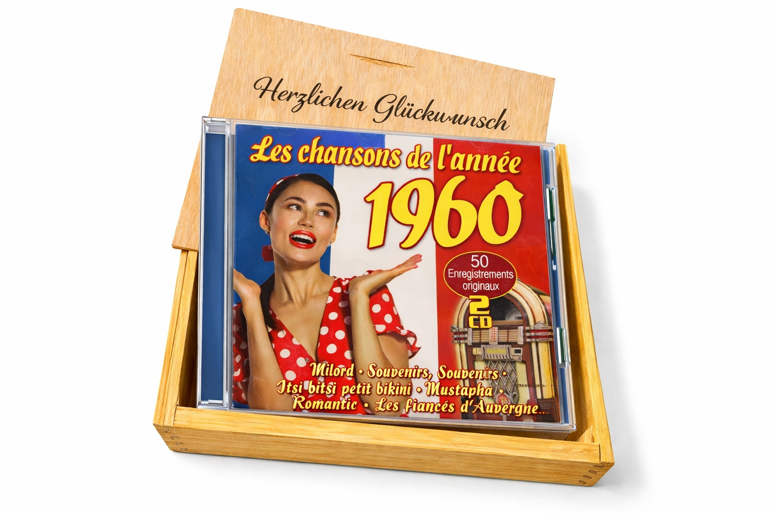 CD 1960 Les Chansons in Holzkiste mit Wunsch-Gravur