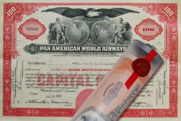 Aktie 1950 PAN AMERICAN AIRWAYS in Geschenkrolle