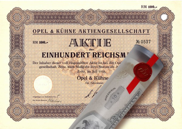Aktie 1933 Kinderwagen Opel & Kühne in Geschenkrolle